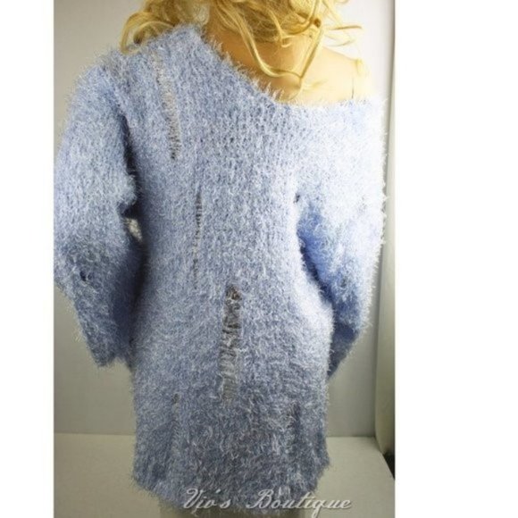 Blue Distressed Eyelash Relaxed Fit V-Neck Off Shoulder Sweater - Picture 7 of 11